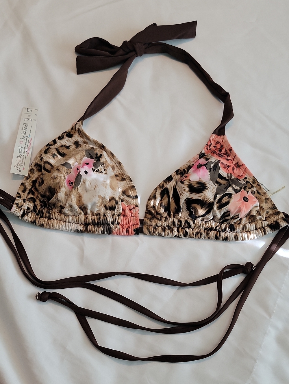Triangle Bikini Top in Brown Animal Print with Pink Floral Accents